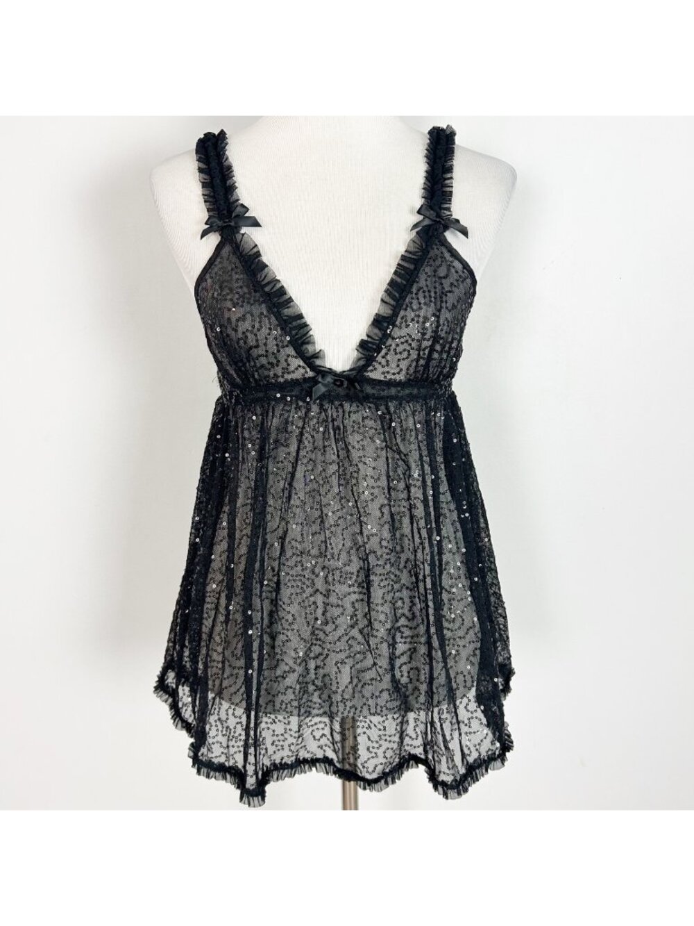 Y2K Victoria's Secret Black Sheer Sequined Mesh Slip Lingerie Short Size Medium